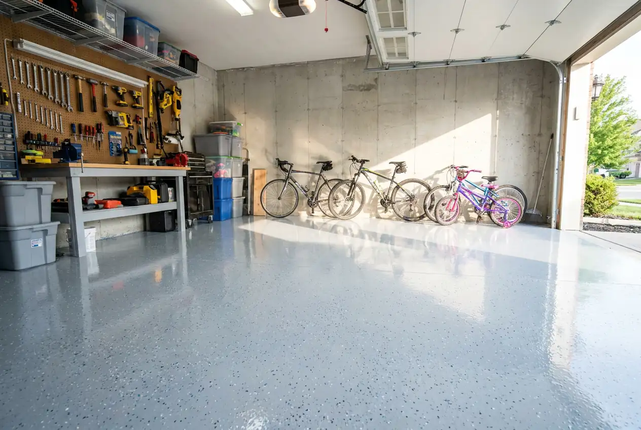 Family garage with a freshly coated flake epoxy floor